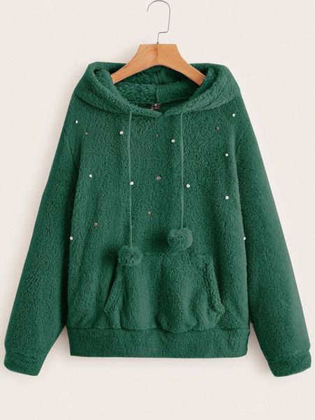 

pearls beaded kangaroo pocket pompom drawstring teddy hoodie t06v#, White;black