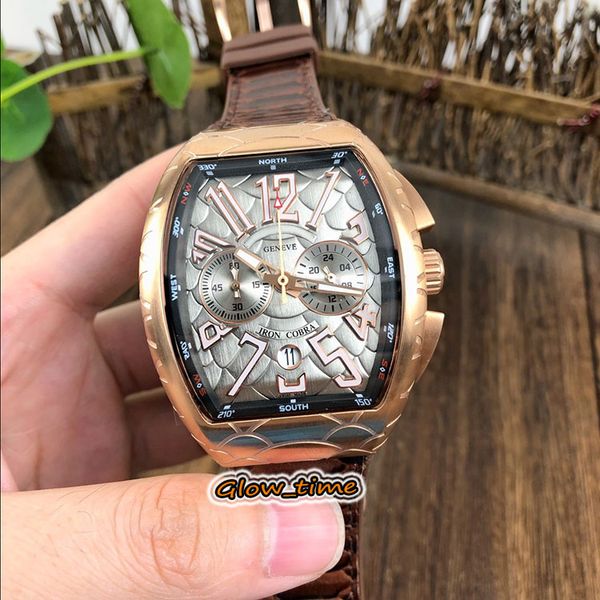 

new saratoge v 45 sc dt gold cobra snake pattern dial japan vk quartz chronograph movement mens watches rose gold case leather-strap watches, Slivery;brown
