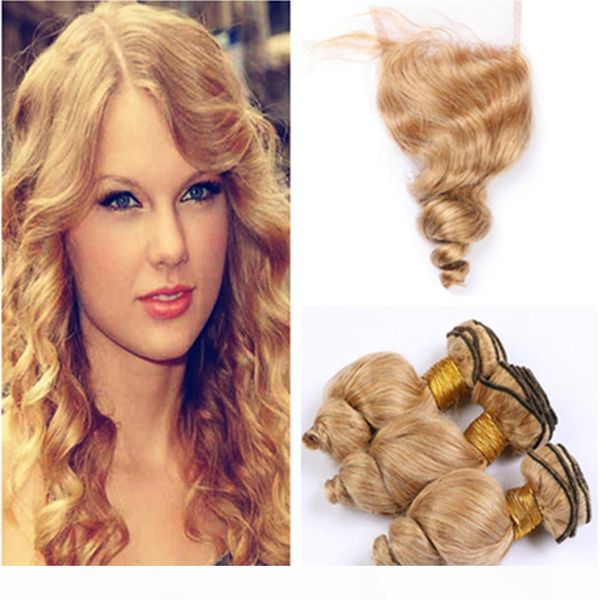 

loose wave malaysian honey blonde human hair wefts with closure #27 light brown wavy human hair weaves 3 bundles with lace closure 4x4, Black