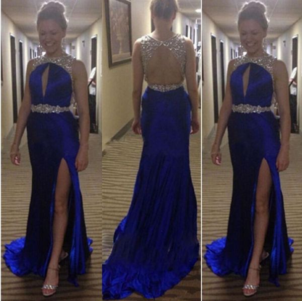 

royal blue side split long prom dresses o keyhole neckline beaded sequins backless evening gowns formal party special vestido, Black