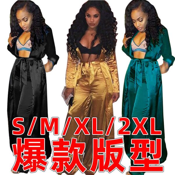 

autumn and winter new fashion leisure sports suit women's imitation silk wide leg pants two piece set multi color, Gray