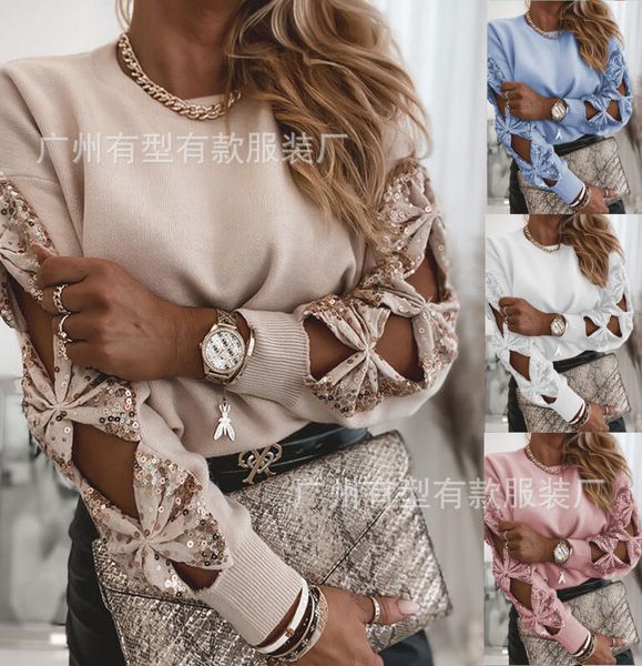 

sweatshirt without cap fashion sequin stitching knitwear long-sleeved top, Black