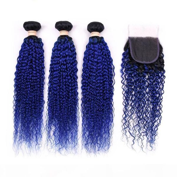 

malaysian human hair extensions kinky curly double drawn weft 1b blue human hair bundles with lace closure, Black;brown