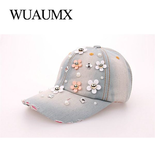 

wuaumx rhinestones women's baseball caps handmade floral hat for girls crystal cap curved peak visor hip hop snapback cap female 201019, Blue;gray