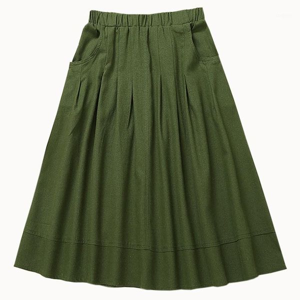 

tide spring and summer new casual pleated skirts women solid color cotton and linen pockets skirts vintage mid-calf1, Black