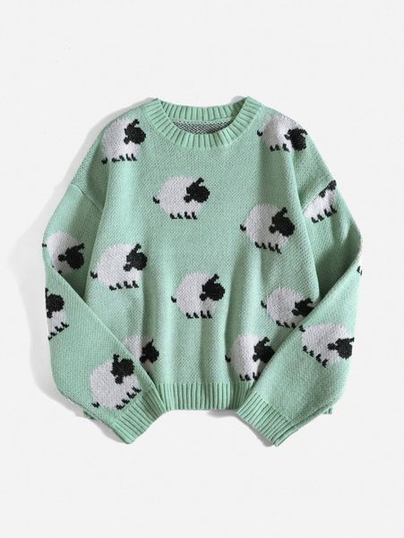 

sheep pattern drop shoulder sweater u6m3#, White