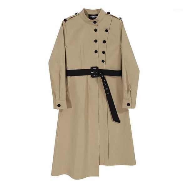 

superaen autumn new japanese gentle full stand tie belt slim solid mid calf dress for women1, Black;gray