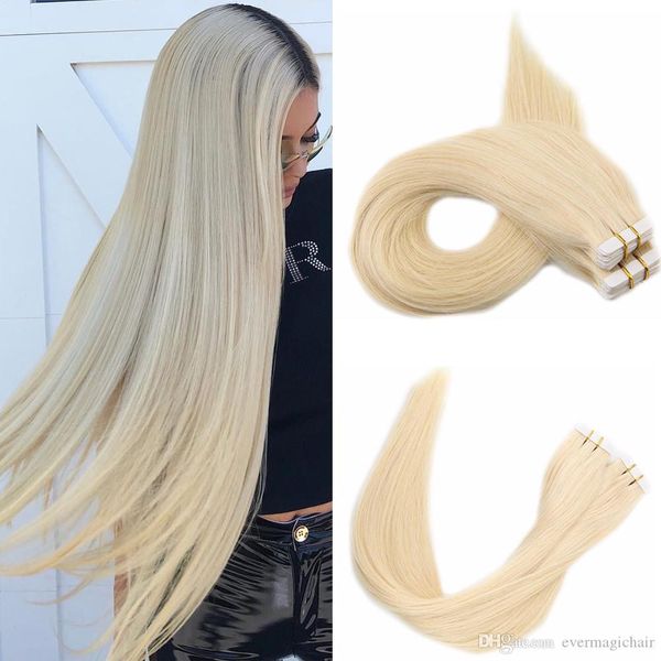 

100g 40pcs silk straight tape in human hair extensions 14 16 18 20 22 24 613#russian blonde color, Black
