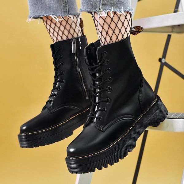 

women ankle boots ladies chaussure booties mid heels flatform wedges shoes woman lace up pu leather zapatos mujer sapato d13981, Black