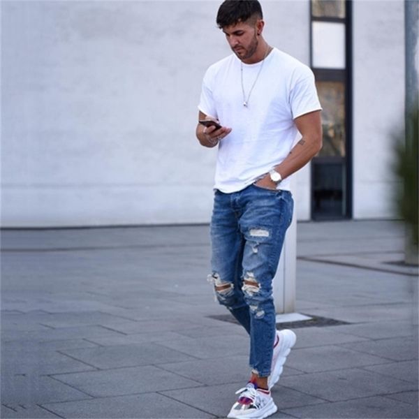 

fashion casual plus size men jeans solid slim ankle length denim trousers hole ankle length streetwear 201111, Blue