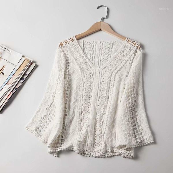 

2020 blouse lace crochet hollow out womens and blouses vintage kimono blusas roupa feminina for women1, White