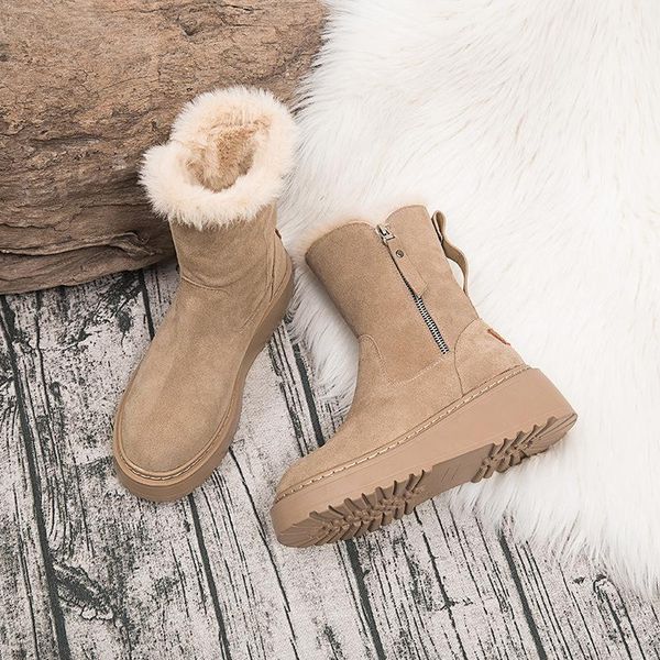 

leather winter boots women casual wedge shoes woman 2020 fashion mid calf snow boots for women shoes short plush booties, Black