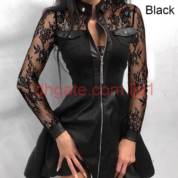 

autumn and winter new lace fight receiving waist hollow a-line skirt long-sleeved dress was thin to cover the belly, Black;gray