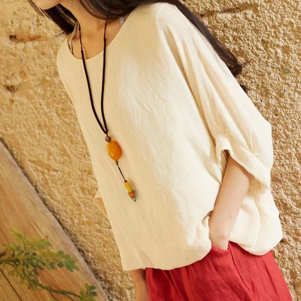 

women's t-shirt vintage solid color plus size t shirt loose batwing sleeve casual women cotton linen, White