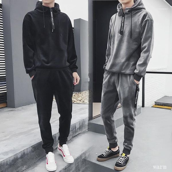 

2018 golden velvet leisure sports suit men's autumn winter bodywear youth plush thickening students' two-piece set hoodies11, Black