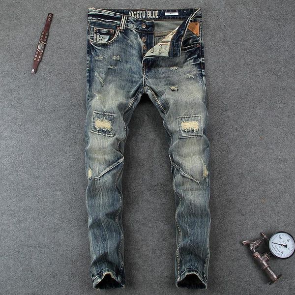 

italian style fashion men's jeans slim fit destroy ripped jeans men classical buttons pants brand biker homme, Blue