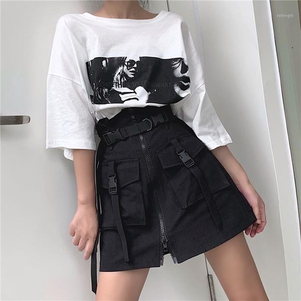 

summer korean chic wild female skirt 2020 new hong kong style retro zipper high waist loose harajuku style skirt women1, Black
