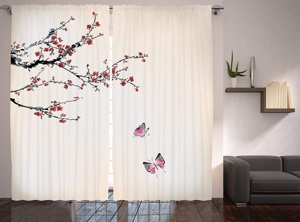 

watercolor flower curtains blossoming cherry tree butterflies japanese sakura artwork living room bedroom window drapes coral