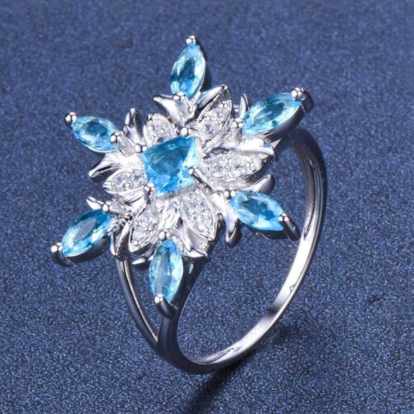 

euramerican fashion blue zircon flower rings for women elegant chic snowflake rings with stone christmas jewelry gifts, Silver