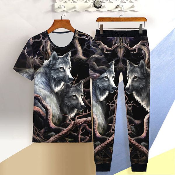 

new men's sportswear suit male 3d wolf head short-sleeved casual slim t-shirt trousers chinese dragon sportswear 2-piece set 1022, Gray