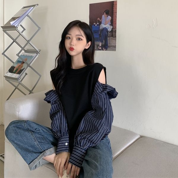 

hb0he korean style sweater short niche striped stitchingshoulder loose sense long sleeve sweatersweater design women's wear x426a lce, Black