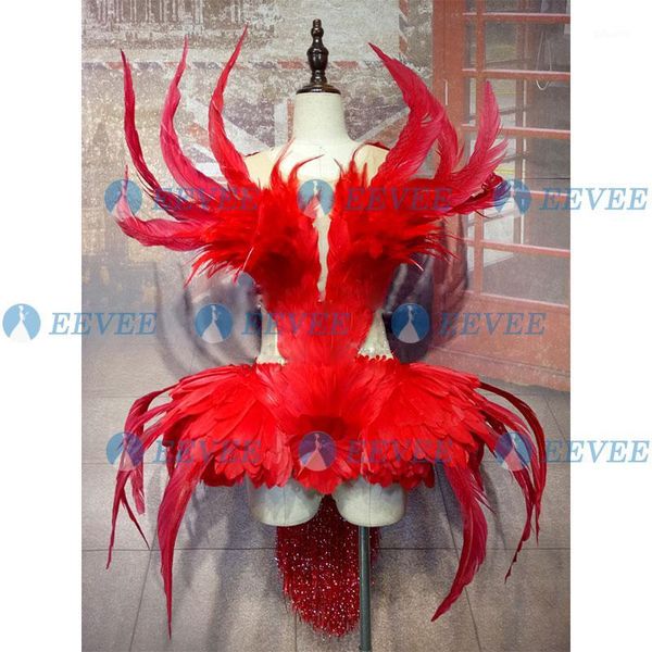 

red feather stage costume see thought female singer performance outfit bar nightclub ds dj party rave bodysuit1, Black;red