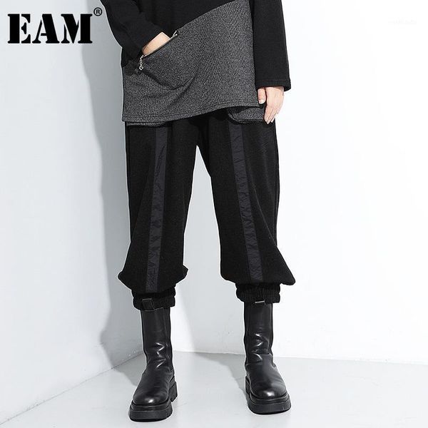 

eam] high elastic waist big pocket split leisure harem trousers new loose fit pants women fashion autumn winter 2020 1dc3071, Black;white
