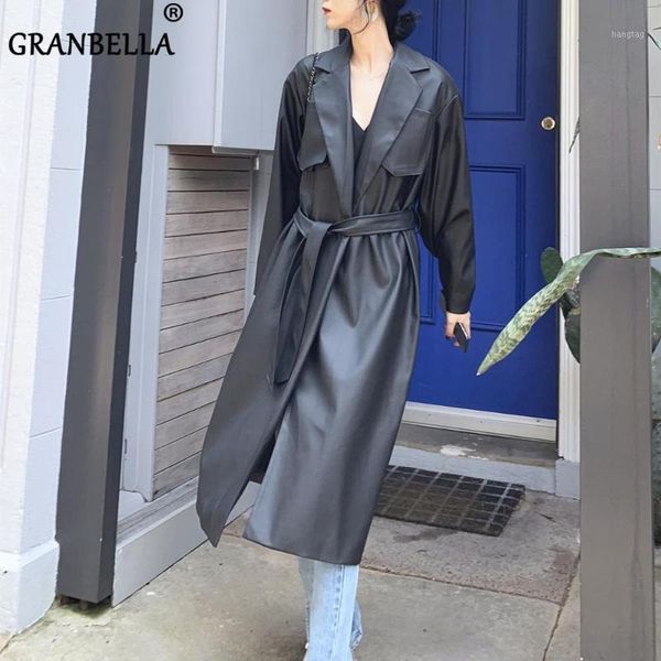 

pu leather mid-length highstreet womens coats with belt long sleeve oversized cool girl trench coat new spring women windbreaker1, Tan;black