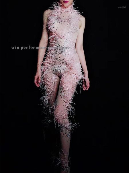 

pink feather female stage bodysuit dance costume ballroom wears pole dance dress jumpsuit sleeveless rhinstone clothes1, Black;red