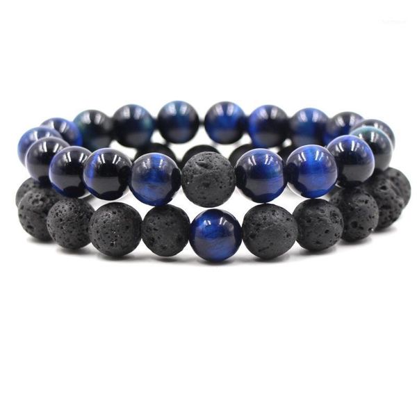 

new natural tiger eye 10mm bead bangle handmade 2pcs/set lava stone beads bracelet fashion lovers men women wristband jewelry1, Golden;silver