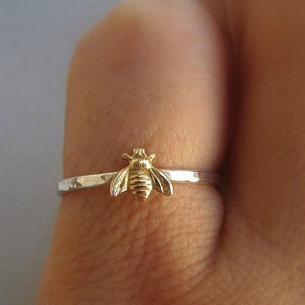 

cluster rings 1pcs simple tiny solid gold color copper bee finger hammered band stacking wedding anniversary jewelry, Golden;silver