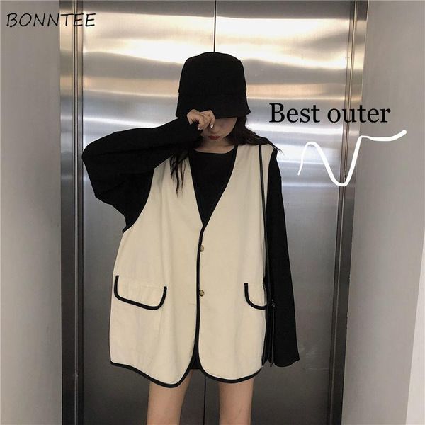 

women's vests women vest coats waistcoats loose v-neck buttons solid simple office lady streetwear cargo casual students sweet korean f, Black;white