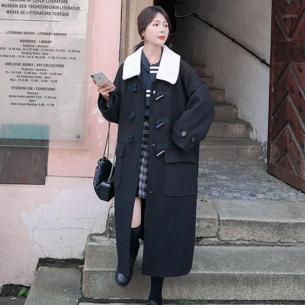

2020 winter women's woolen cloth jacket loose large size quilted horn button woolen black coat korean style long oat c121