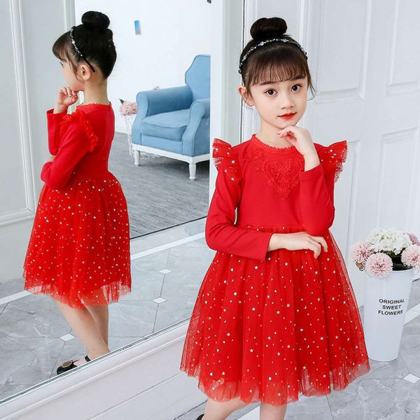 

little new 2020 drs girls' princs autumn aisha long sve korean red sequined yarn skirt 3t14, Red;yellow