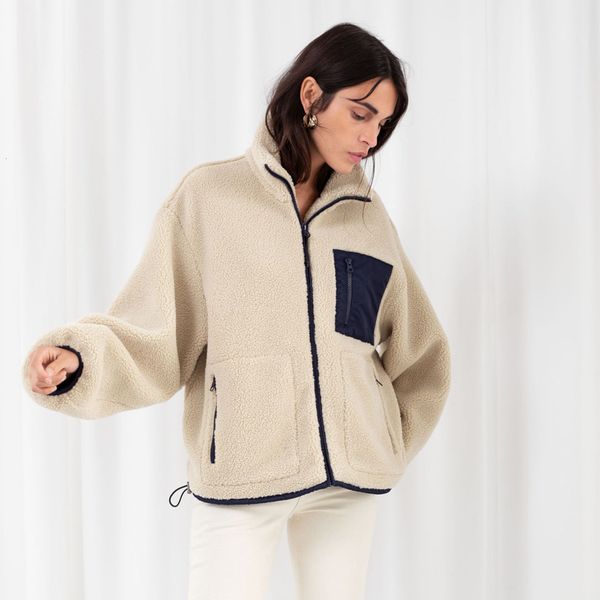 

2021 new vintage faux jacket women pockets patchwork zippers turn down collar warm fur coat casual lambswool cardigan d975, Black