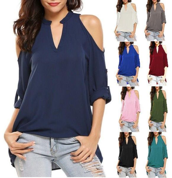 

blouse long sleeve loose solid color women chiffon large size v-neck exposed shoulder 2020 commuting-style1, White