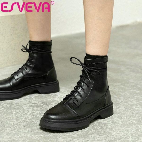 

esveva 2021 lace up flock+leather ankle boots women boots winter women shoes round toe fashion low heel size 34-421, Black