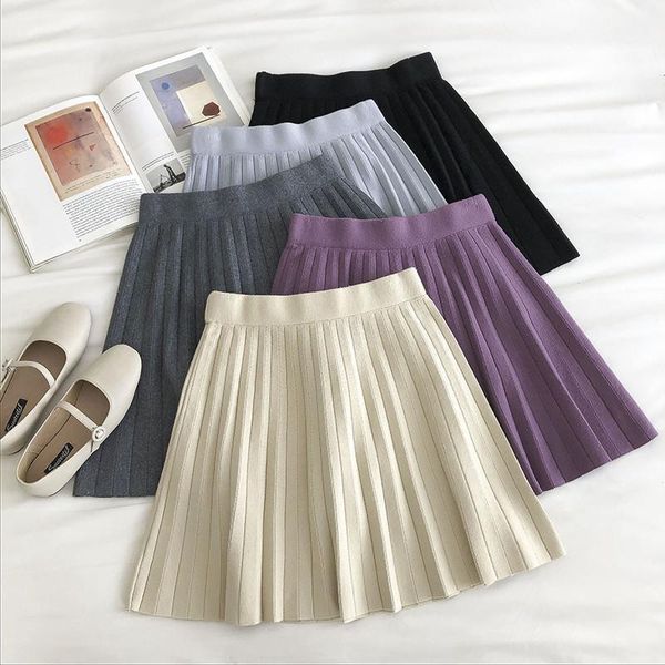 

autumn knitted pleated mini skirt womens winter vintage korean cute high waist purple a line short school girls black skirts1