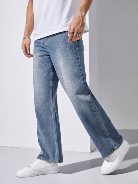 

men light wash wide leg jeans p23b#, Blue