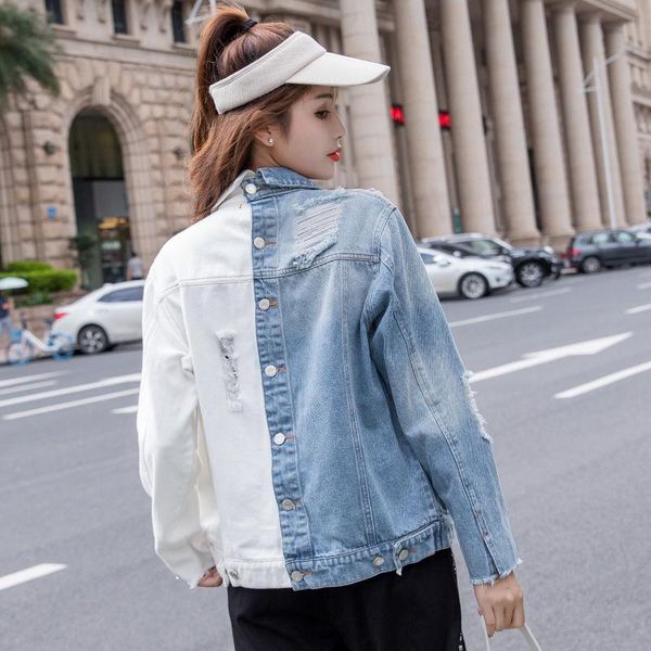 

урожай colorblock denim куртка женщин осень куртка хлопок сыпучие шитье двойной breasted denim hole женский, Black;brown