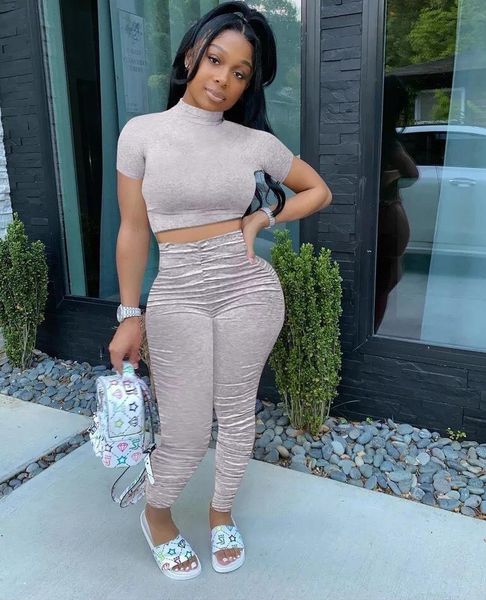 

lounge wear stacked leggings 2 piece set tracksuit women fitness t shirts crop pants bodycon two piece set joggings femme, Gray