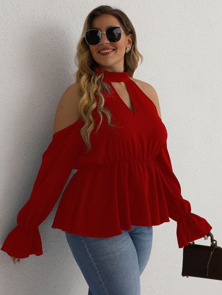 

plus keyhole neck cut out flounce sleeve peplum blouse j0r4#, Black