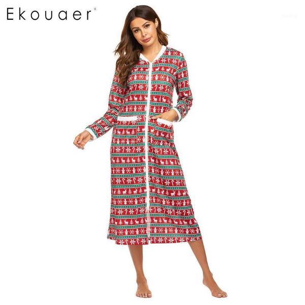 

ekouaer winter sleepwear long nightgown women loungewear dress o-neck long sleeve pocket christmas nightdress sleepshirts1, Black;red