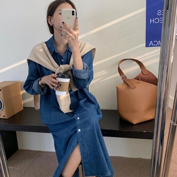 

casual dresses 2021 women autumn brief denim long shirt dress cotton single breasted loose straight midi, Black;gray