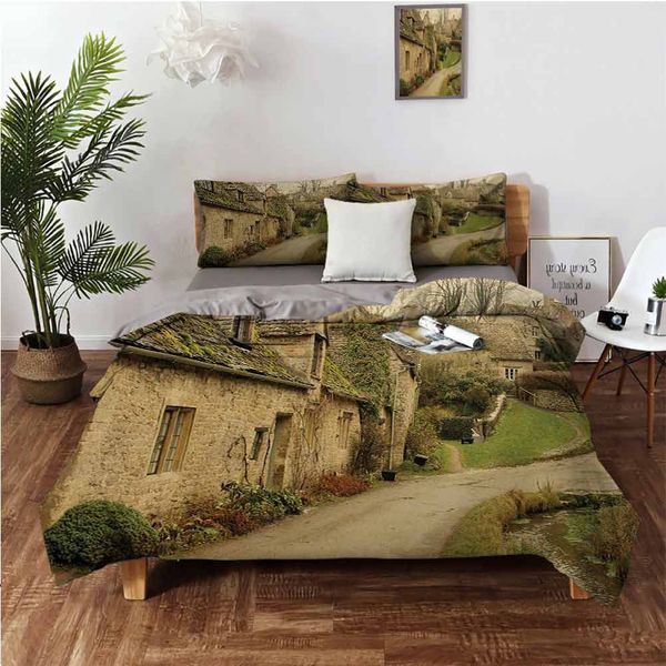 

british town with stone houses retro england countryside buildings image printbedding 3-piece set