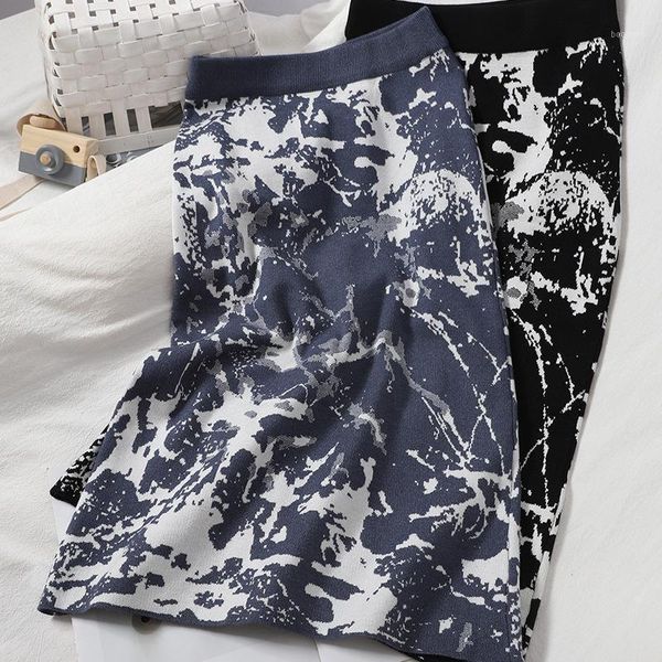 

elegant high waist printing knitting penci skirt 2020 new autumn winter women slit wrapped skirts wool mid long femme jupes1, Black