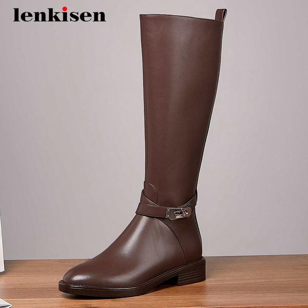 

boots lenkisen natural leather buckle decorations round toe thick med heel zipper beauty lady dating knee-high l97, Black