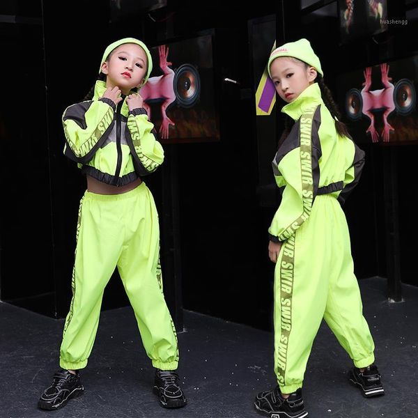 

children's jazz dance costume fluorescent green performance suit girl's hip hop clothes fashion street wear dance clothing b12411, Black;red