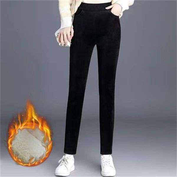 

2021 new women winter high waist vintage casual pencil pants corduroy elegant pocket slim thick streetwear solid fv6k, Black;white