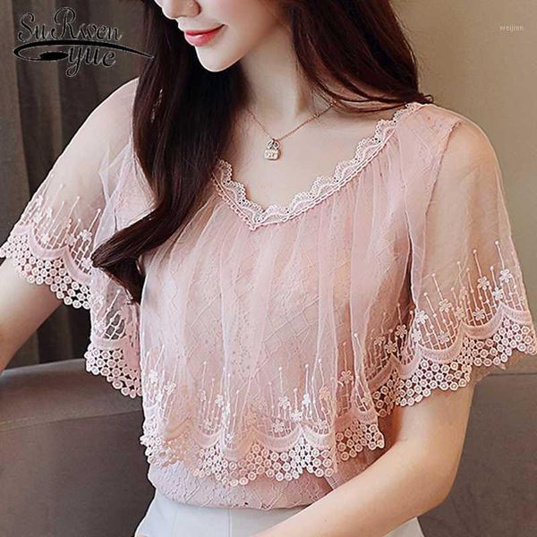 

women and blouses summer lace blouse shirt fashion women blouses 2020 short sleeve lace female blusa feminina 0788 301, White